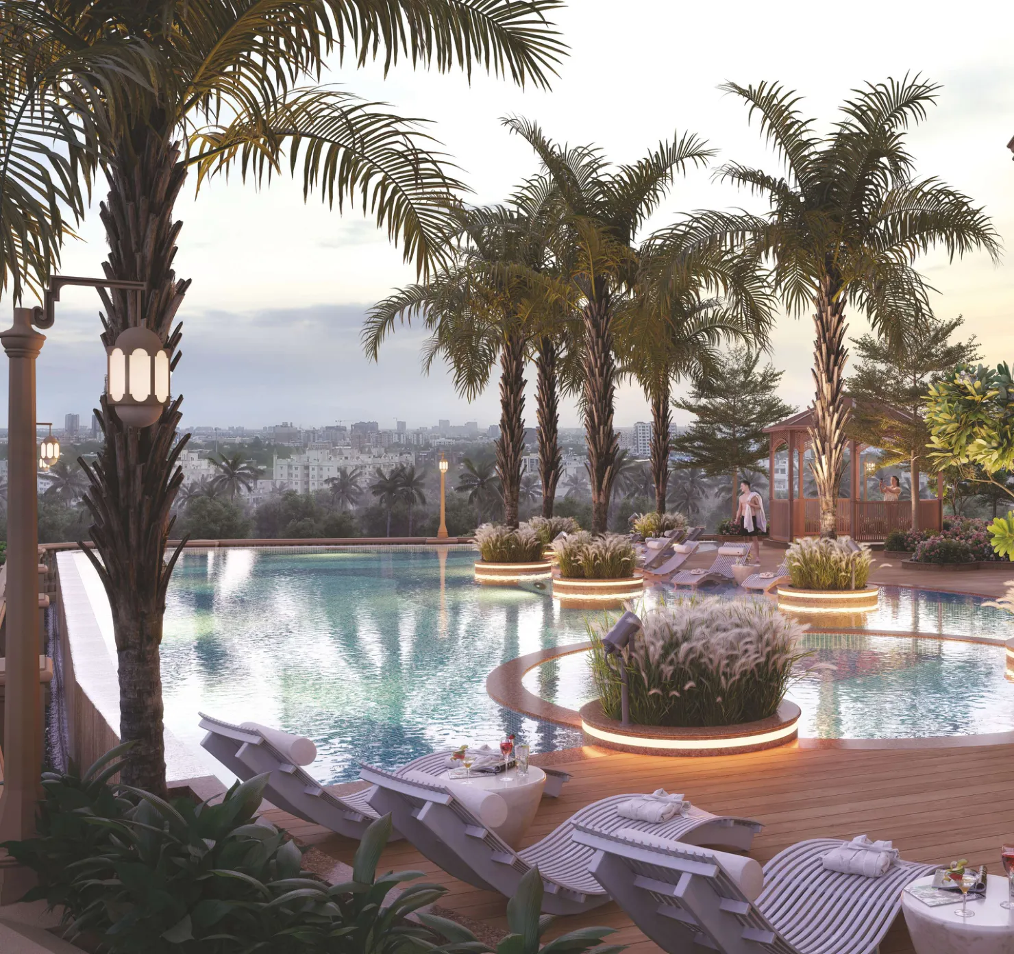 Adults' infinity pool at dusk with floating palm islands